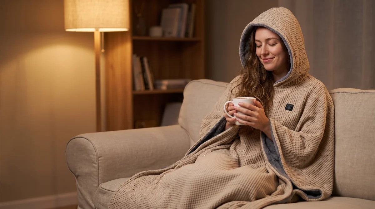 Woman wrapped in a heated wearable blanket